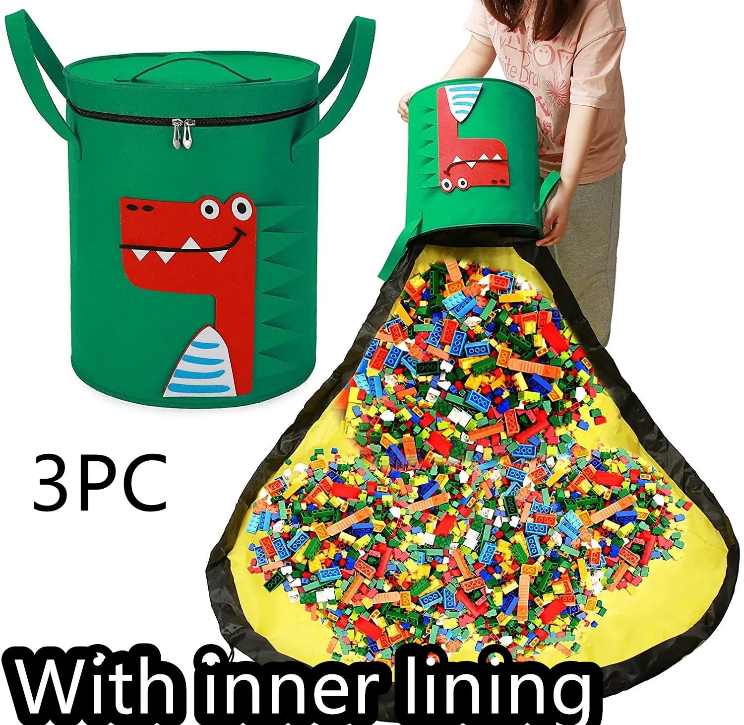 Green cube-shaped felt storage bag with pull rope lying flat as a play mat.