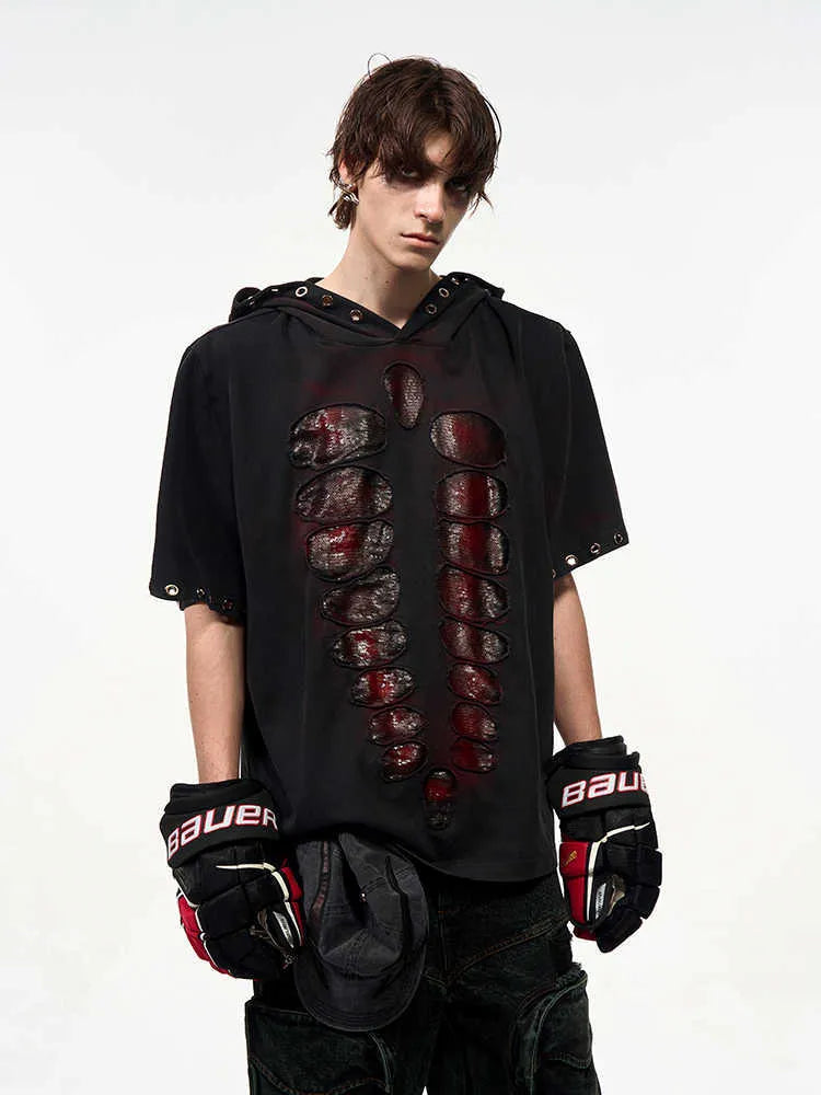 Black men's hooded t-shirt with sequin detail and short sleeves