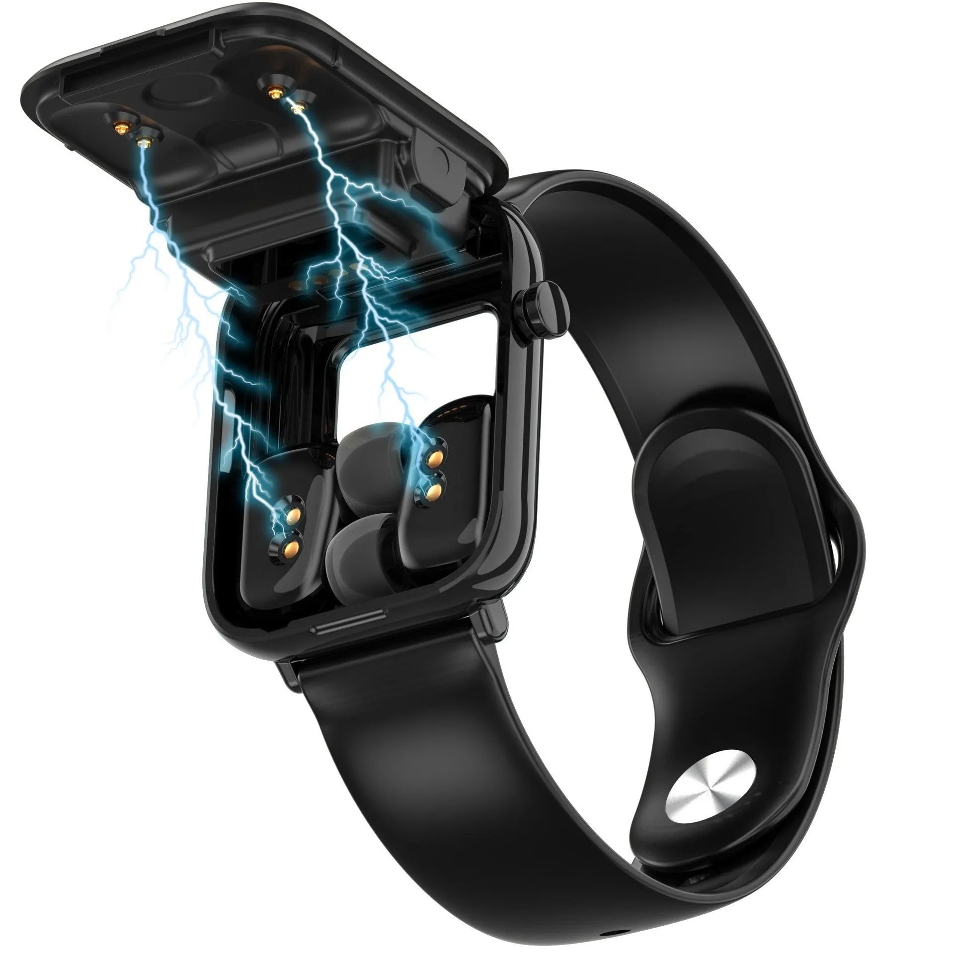 Black zinc alloy smartwatch with 1.69-inch touchscreen next to wireless Bluetooth earbuds and charging case.
