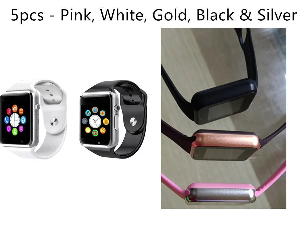 Android smart watch with 1.54-inch screen showing interface, available in black, silver, white, gold, pink, red, green and blue colours.