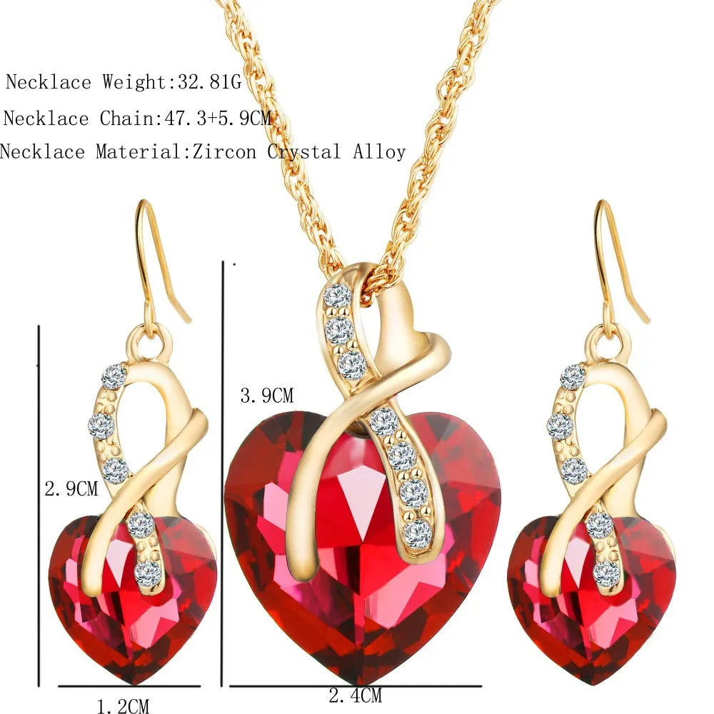 Heart shaped faux Austrian crystal zircon earrings with water wave chain in alloy, red colour option