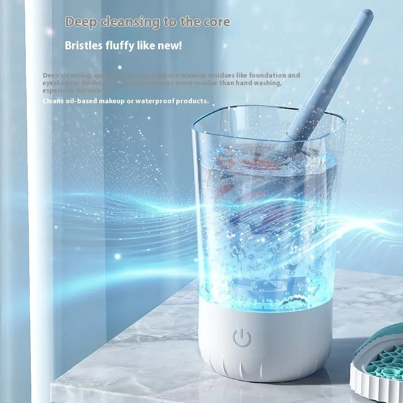 White rechargeable electric cleaning brush for makeup tools with USB-C charging cable