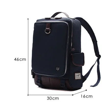 Korean style Oxford cloth men's backpack in seven colour options showing 30cm width by 16cm depth by 46cm height dimensions