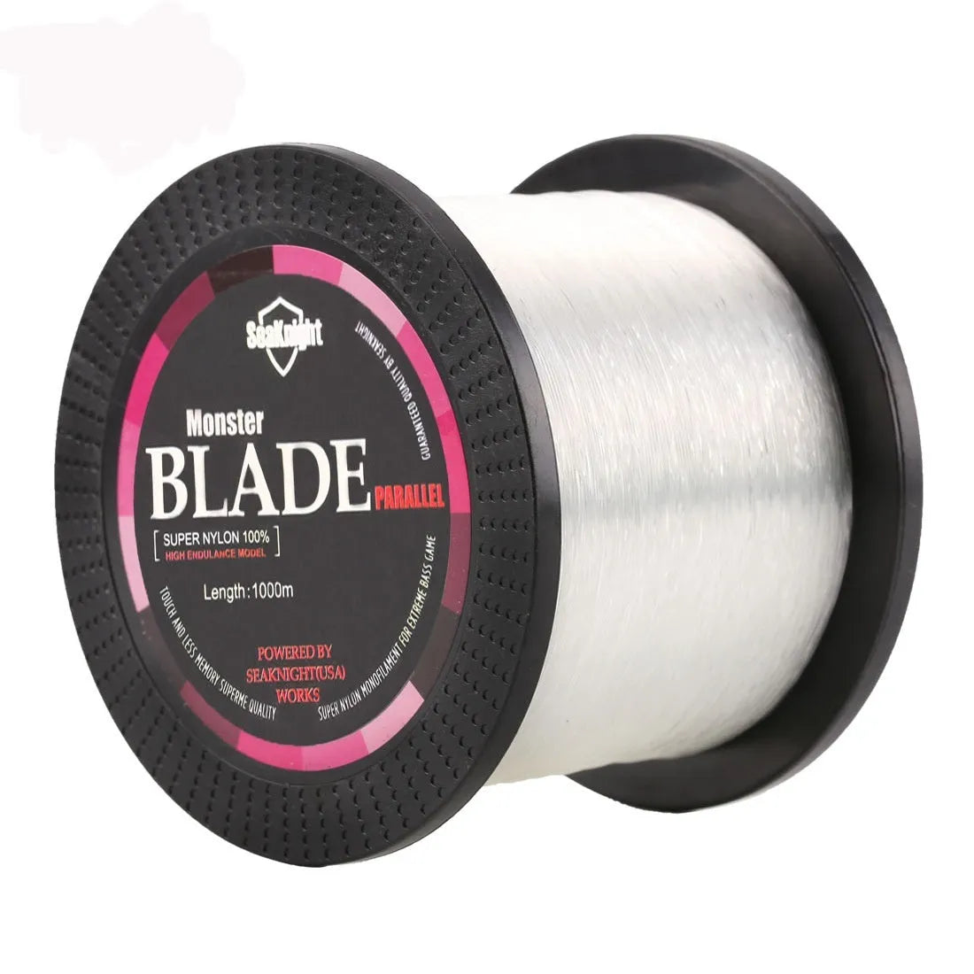 Roll of Seaknight 1000 M nylon monofilament fishing line showing colour and diameter size options.