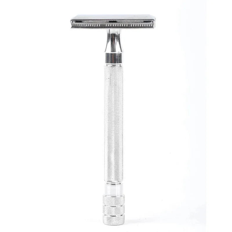 Traditional manual safety razor and shaving brush set in chrome metal finish