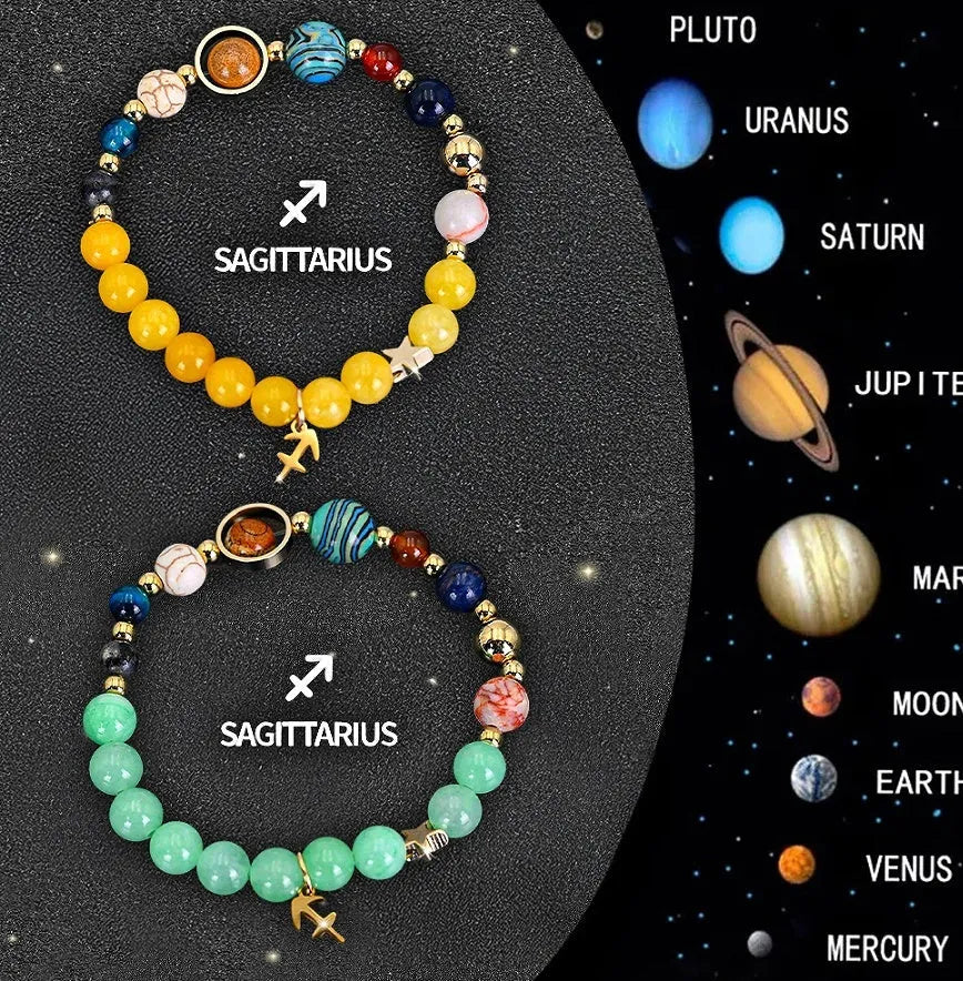 Set of twelve natural stone zodiac bracelets showing detailed astrological charms on stretch cords