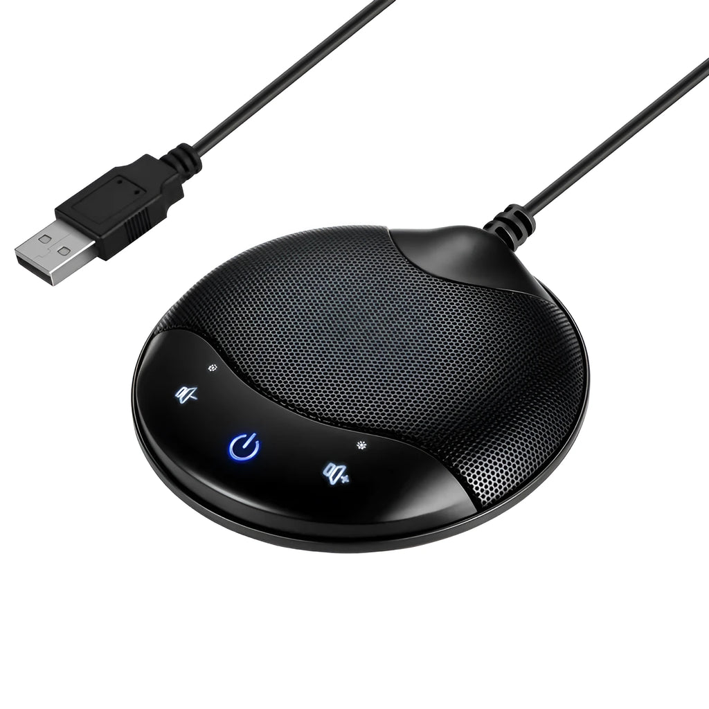 Black USB condenser microphone with capacitive interface for conference and gaming voice recording