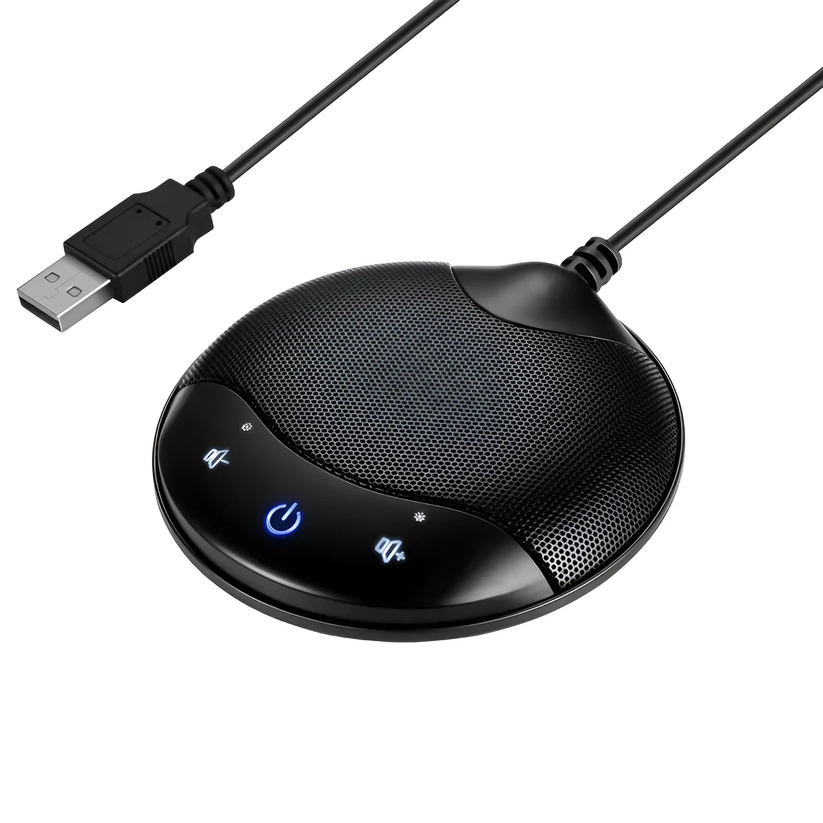 Black USB condenser microphone with capacitive interface for conference and gaming voice recording
