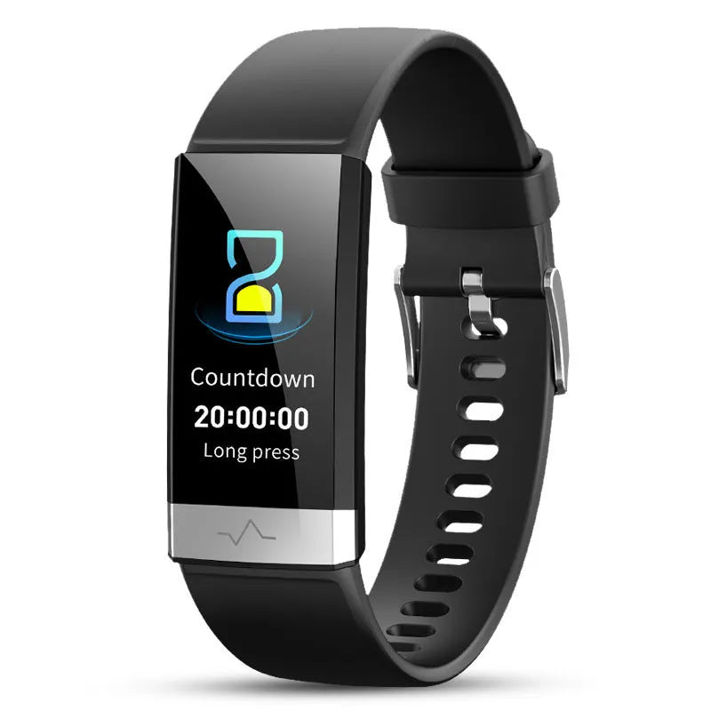 V19 smart health tracker bracelet with colour screen, shown in black, blue, and red colour options.