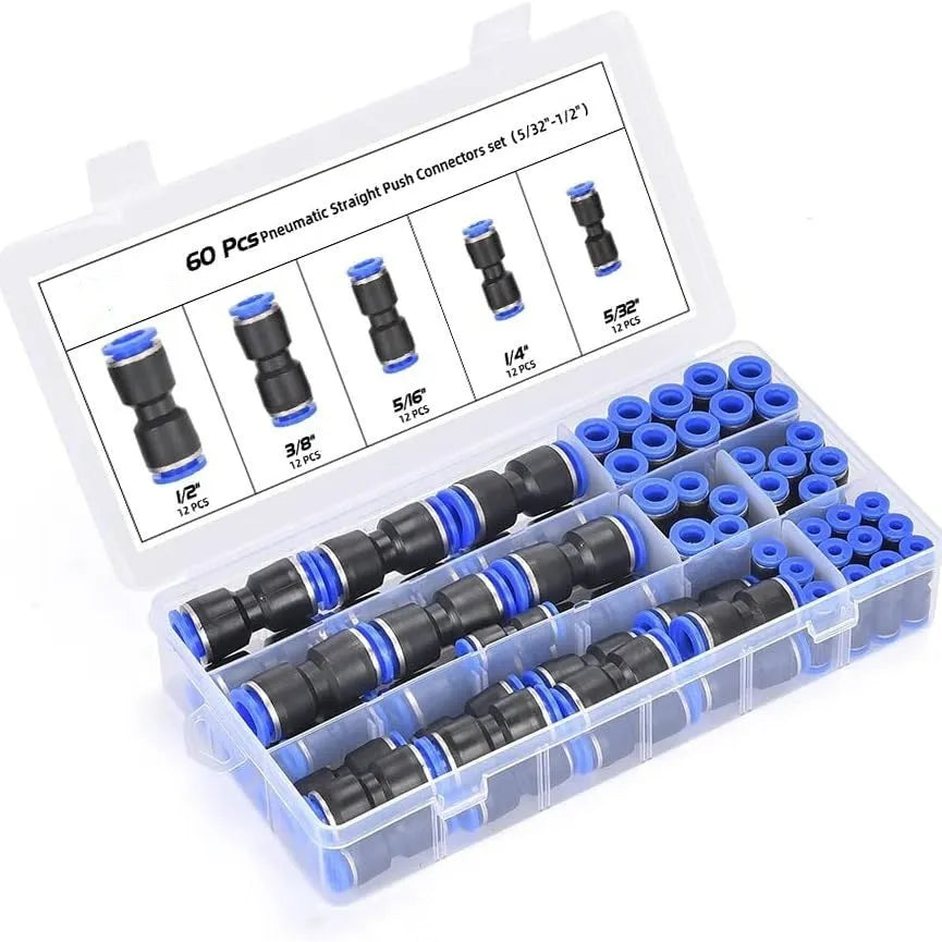 60-piece quick pneumatic connector set with push-in fittings in R1/4 and R1/2 calibres