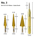 High speed steel cone drill bit punch set with centre punches including multiple step drill sizes
