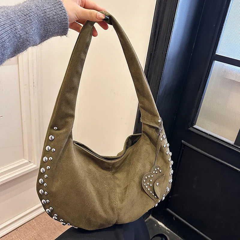 Soft plush casual tote handbag in retro style, shown in a selection of colours including black, brown, green, red, and coffee.