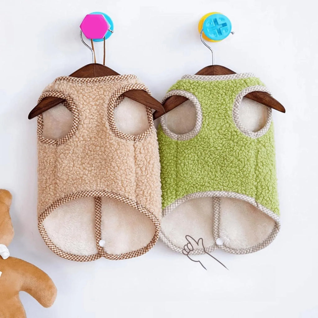 Green thickened coral fleece dog vest with a metal leash ring on the back, sized for a small dog.