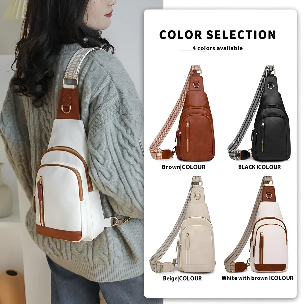 Soft brown women's crossbody chest bag showing zip compartments and street-style sewing thread detail