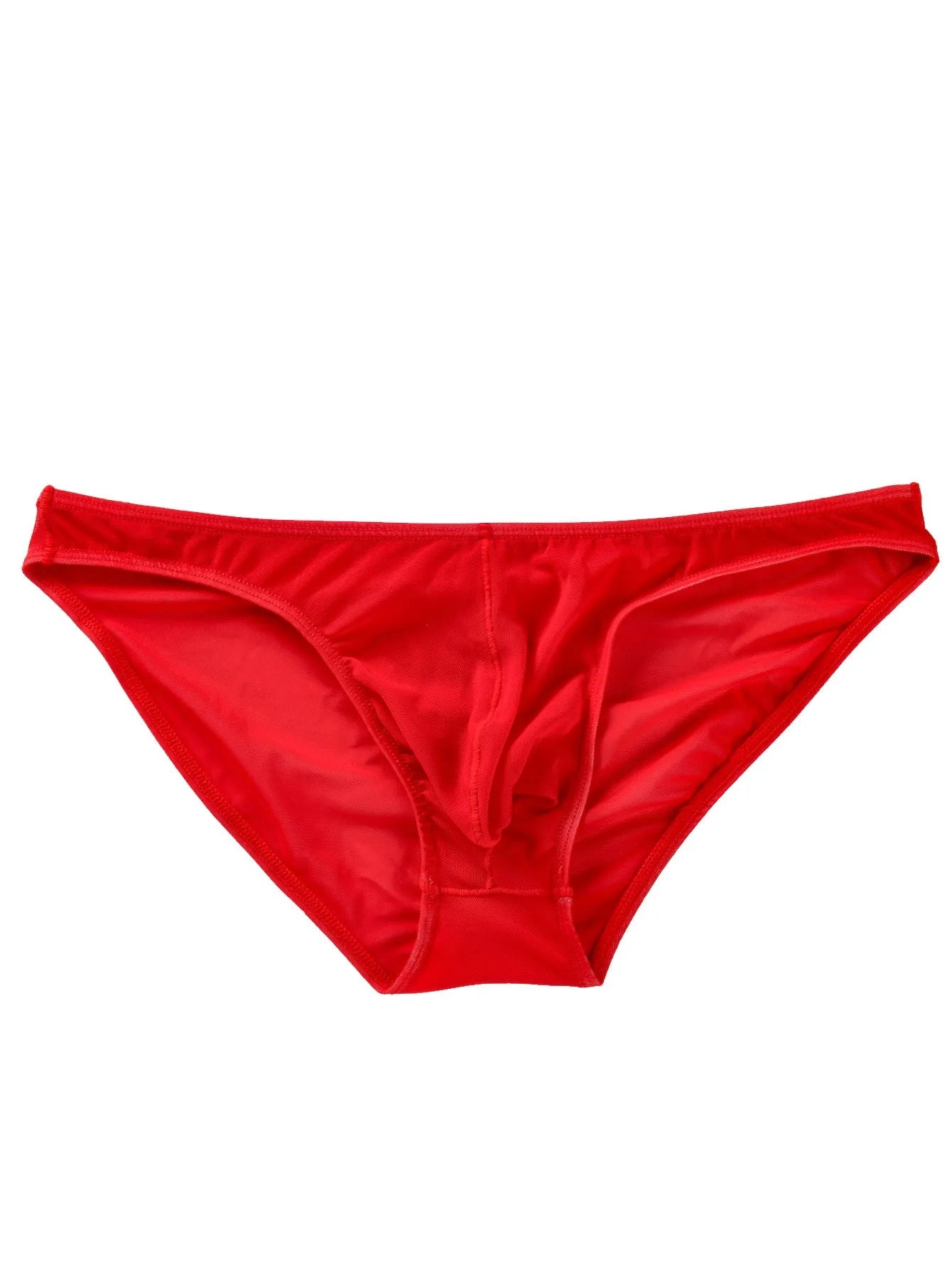 Men's black nylon triangle briefs laid flat, showing mid to low waist design and knitted fabric texture.