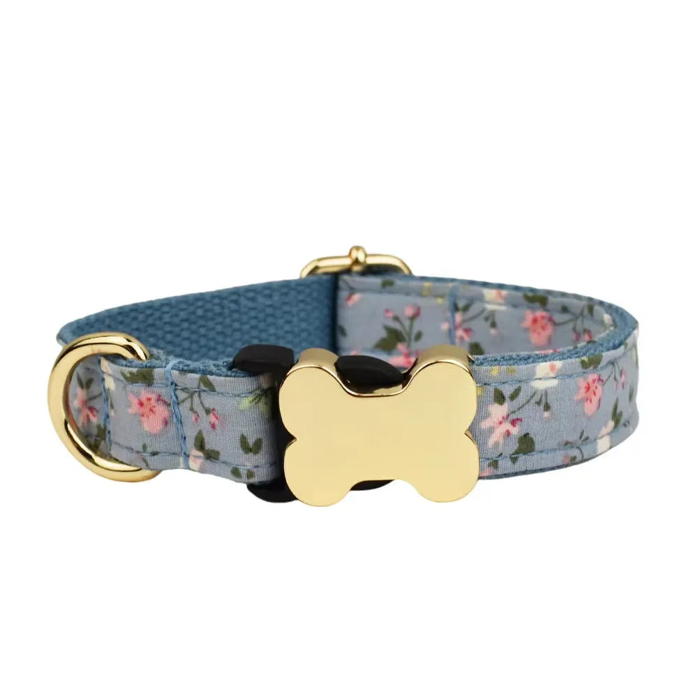 Flat fabric printed grid nylon dog collar with bone buckle in multiple colour options