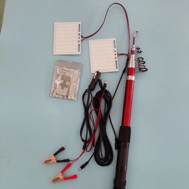 White LED fishing rod light with telescopic pole and remote control on a 12V battery for outdoor use