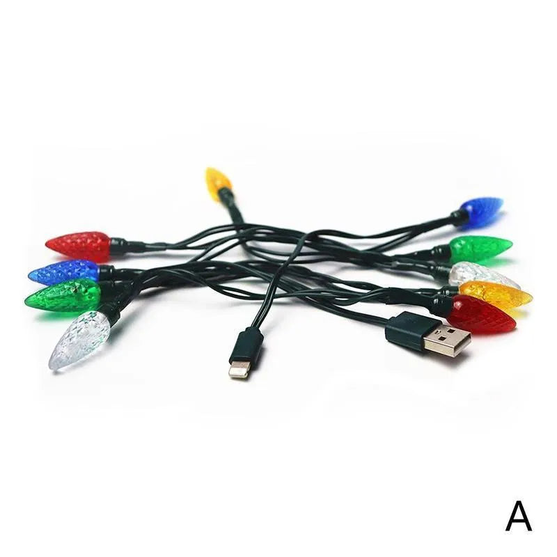 Green USB charging cable with 10 integrated LED Christmas lights flashing, compatible with iOS and Android devices