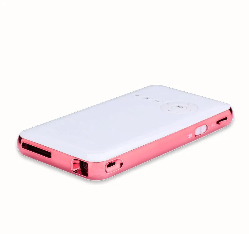 White and rose gold miniature Android DLP projector showing compact 145x80x17.5mm dimensions with projection lens