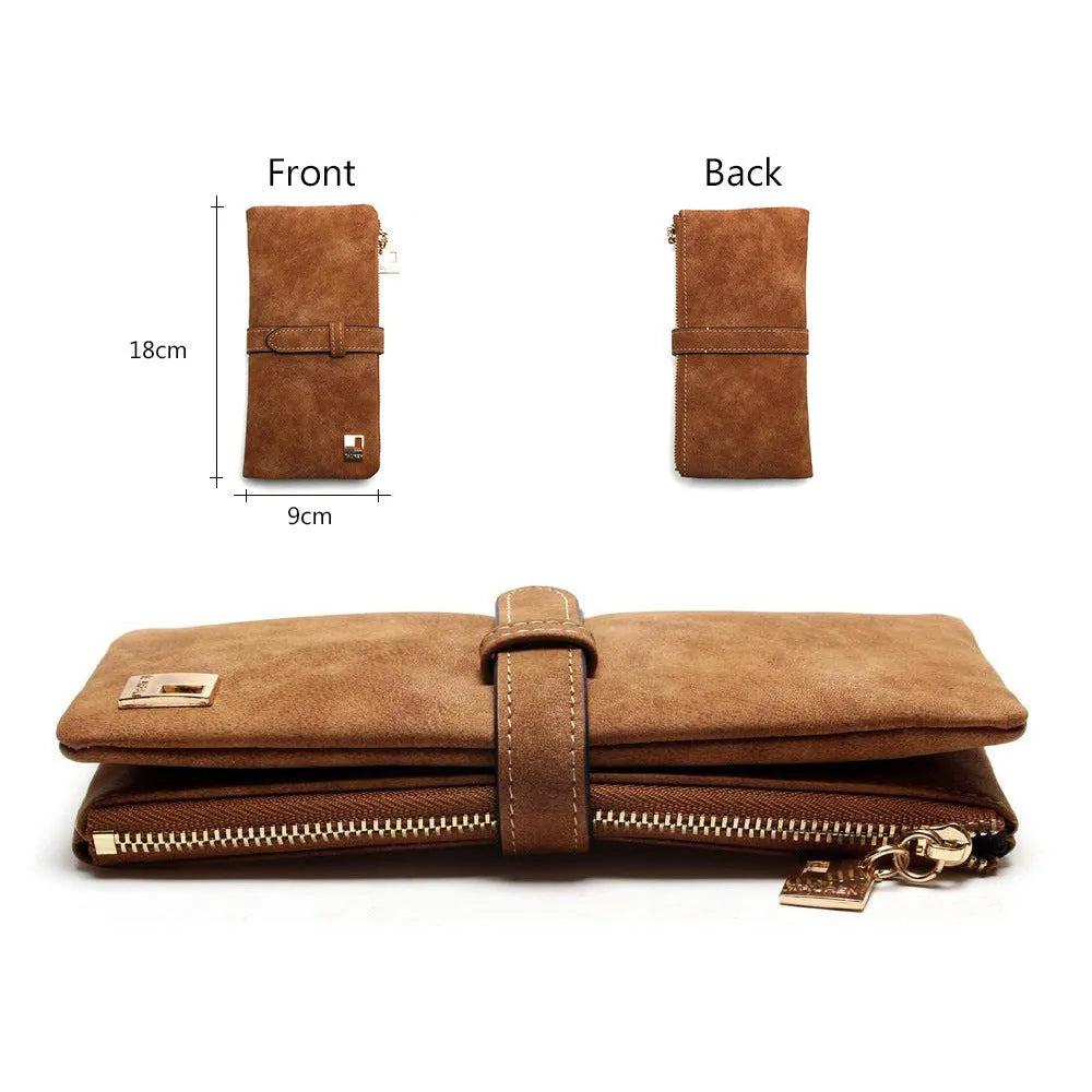 Korean retro matte leather women's long wallet open to show internal organisation compartments