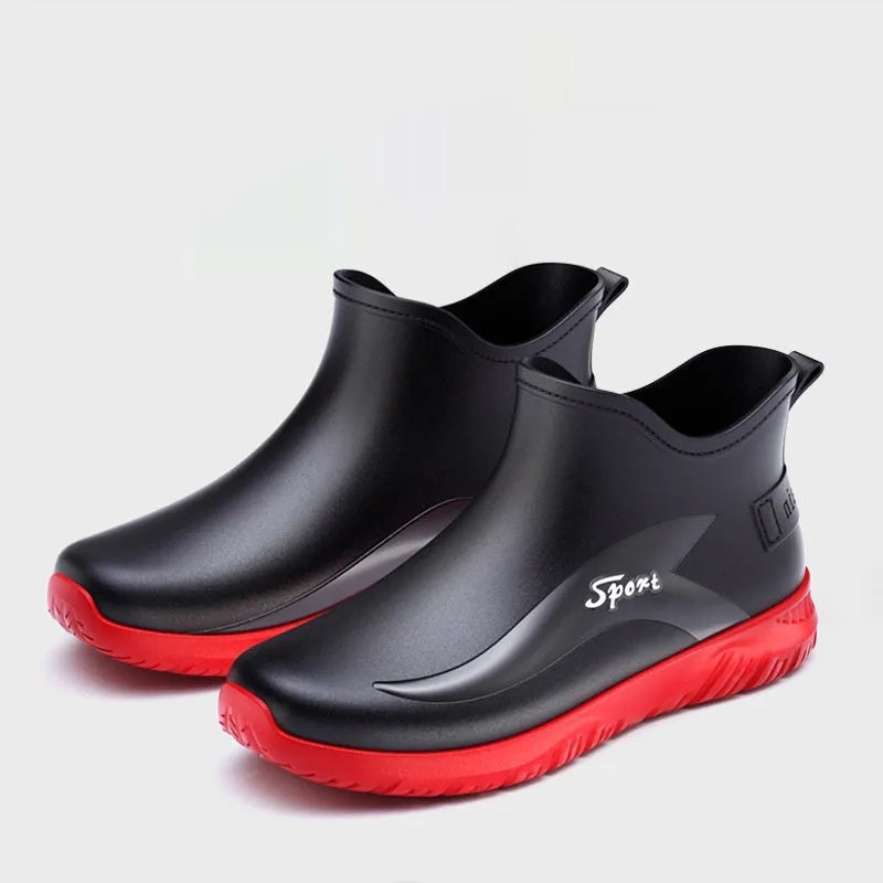 Men's non-slip flat short rubber boots in PVC material showing beige and black colour options