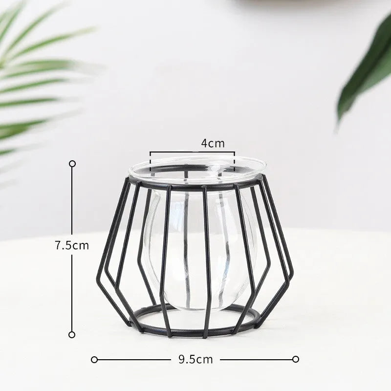 Nordic glass and iron desktop decoration in hexagonal shape with gold spray paint finish