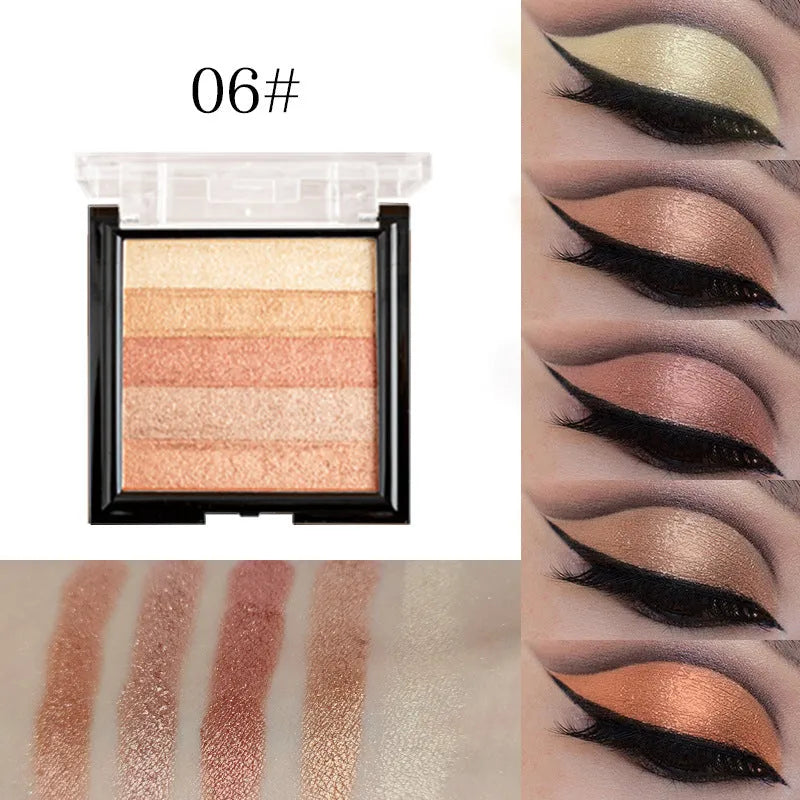 Highlight and contour eye shadow palette with six colour options for universal skin types.