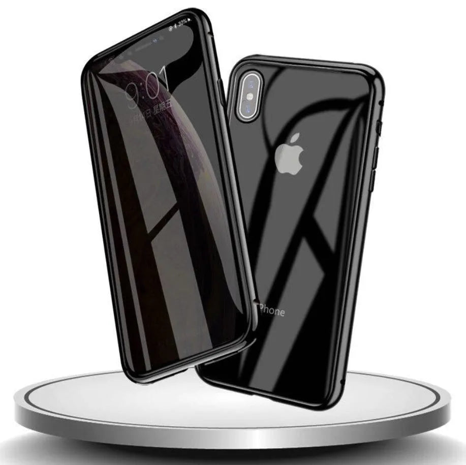 Clamshell anti-spy phone case in six colours showing tempered glass construction for iPhone privacy protection