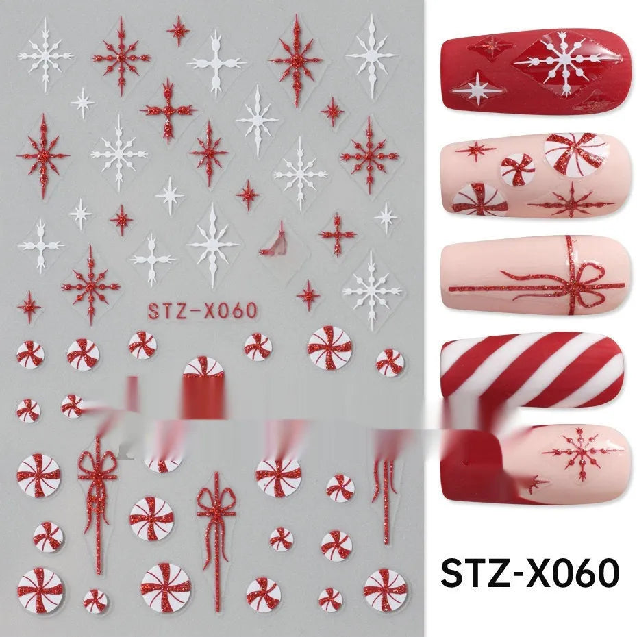 Close-up of a cartoon-style nail sticker with black and silver strips and a love pattern design on a fingernail.
