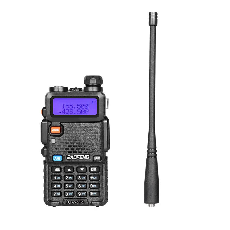 Compact black handheld VHF UHF walkie talkie with antenna, LCD screen, and keypad.