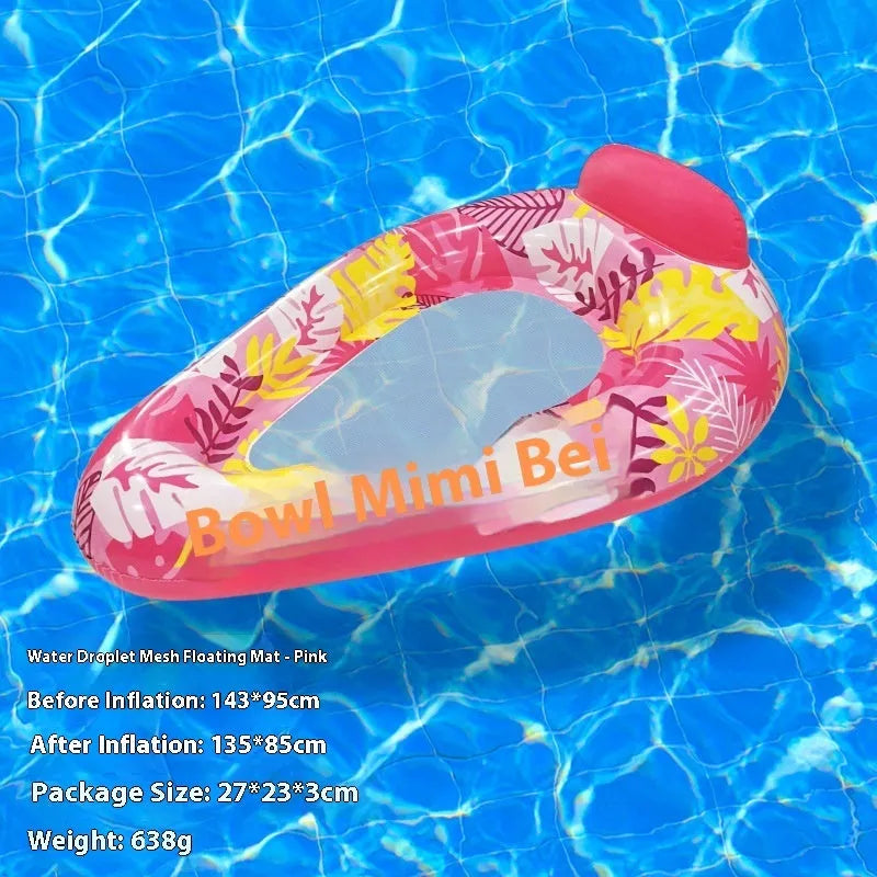 PVC inflatable floating row pool lounge in gradient sequin blue-purple wave design with canopy