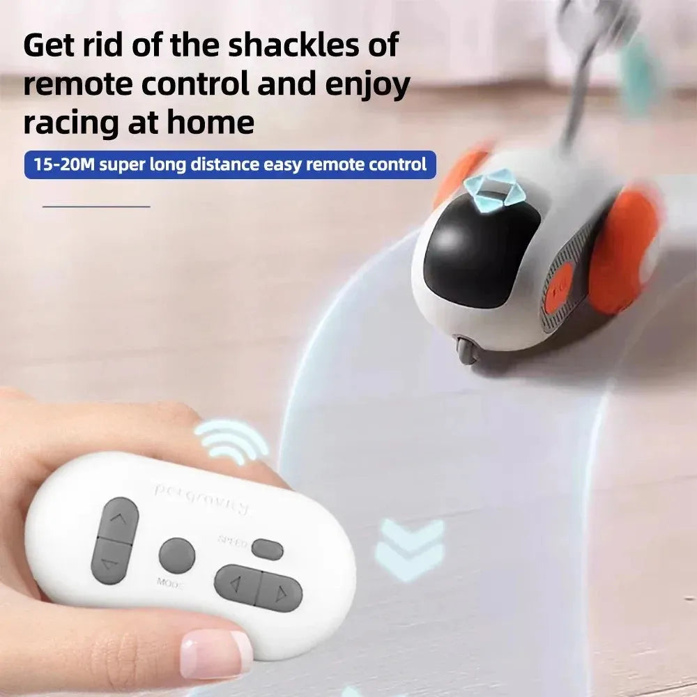 Smart interactive cat toy car with feather attachment in blue or orange colour options