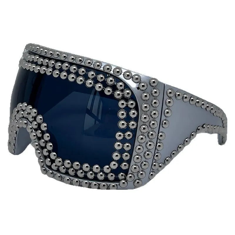 Men's punk sunglasses with large square rim and rivet detailing in silver colour