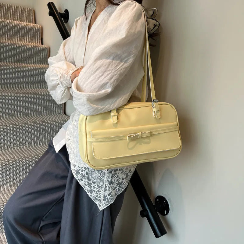 PU leather single-shoulder flap bag in urban simplicity style with bow stitching decoration