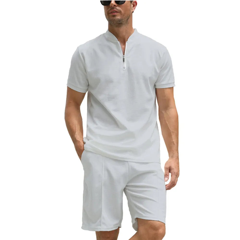 Men's solid colour two-piece polo set with short sleeves and matching trousers