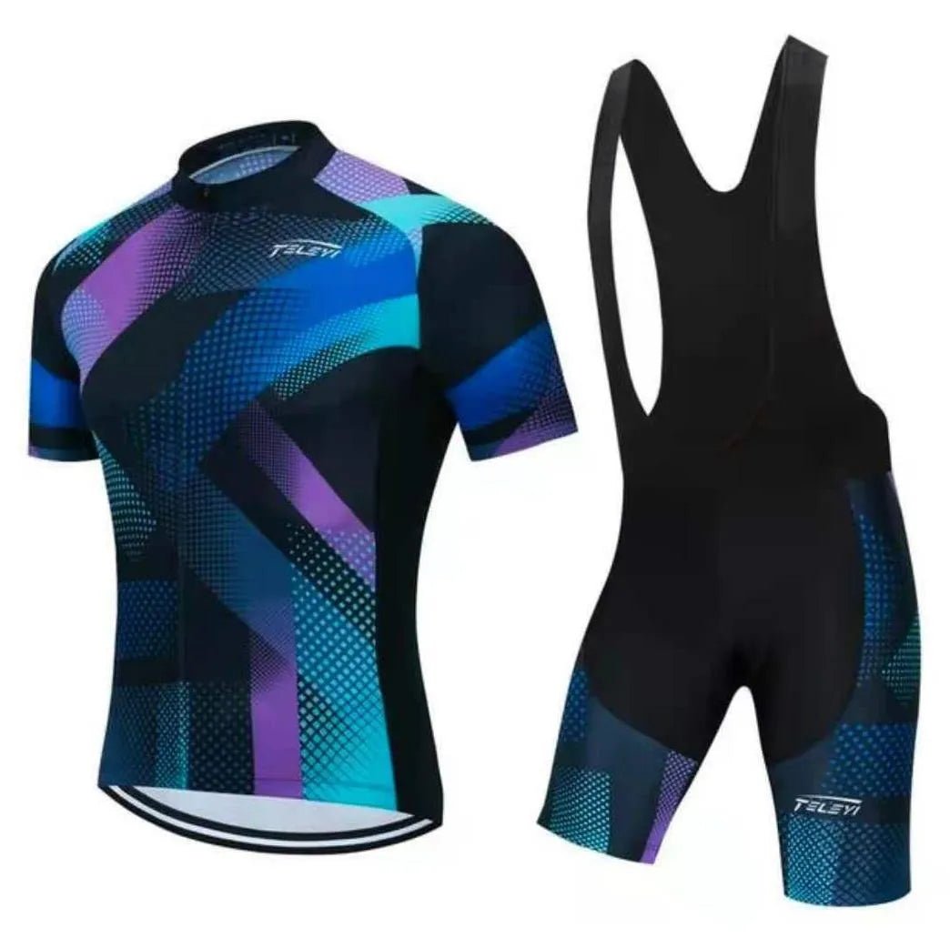 Men's and women's cycling jersey and shorts set in a colour style option, laid flat.