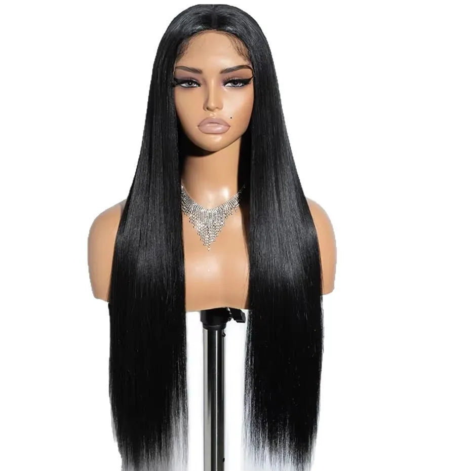 Human hair straight wig with glueless application and side bangs in natural style