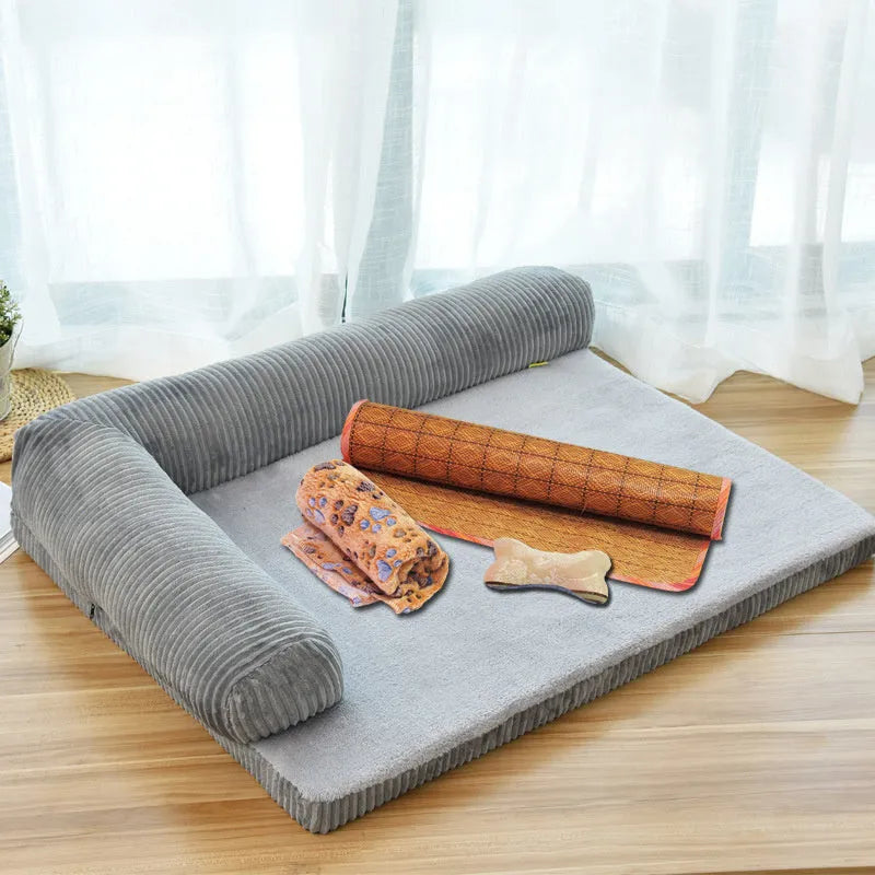 Corduroy pet sofa bed in grey colour with unilateral bolster, showing high-density sponge padding and non-slip base.