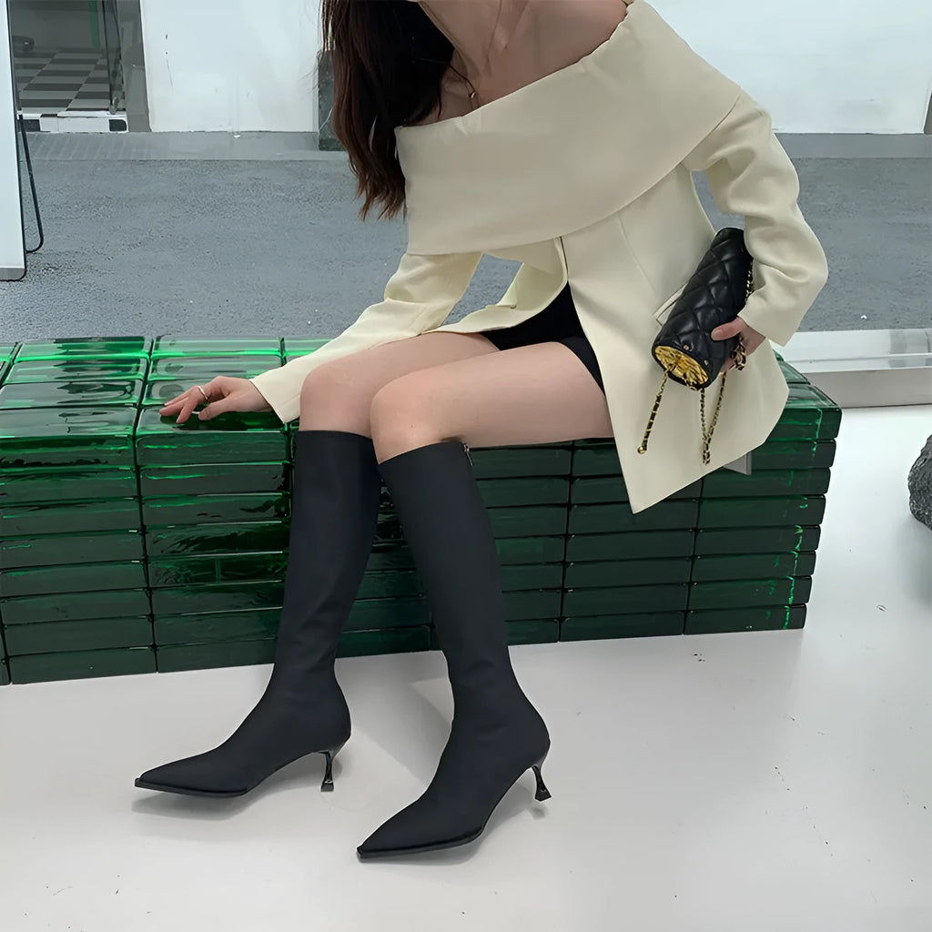 Black pointed toe below the knee stiletto heel boots with a back zipper fastening.