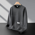 Men's loose round neck cotton stripe pullover sweatshirt with 3D patch pocket, in black, front view