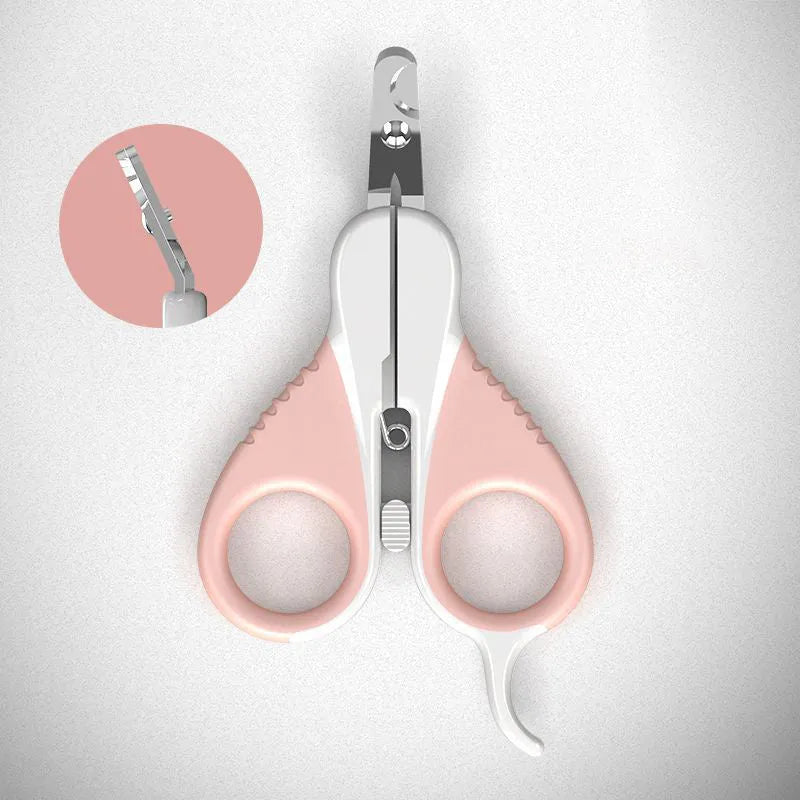 Grey and pink angled blade cat nail clippers with safety guard and non-slip handles for small pets.