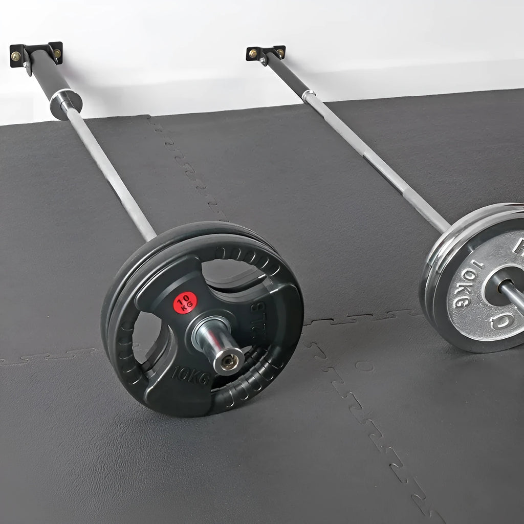 Steel wall-mounted barbell rod rack holding multiple tubes, with expansion screws for installation.