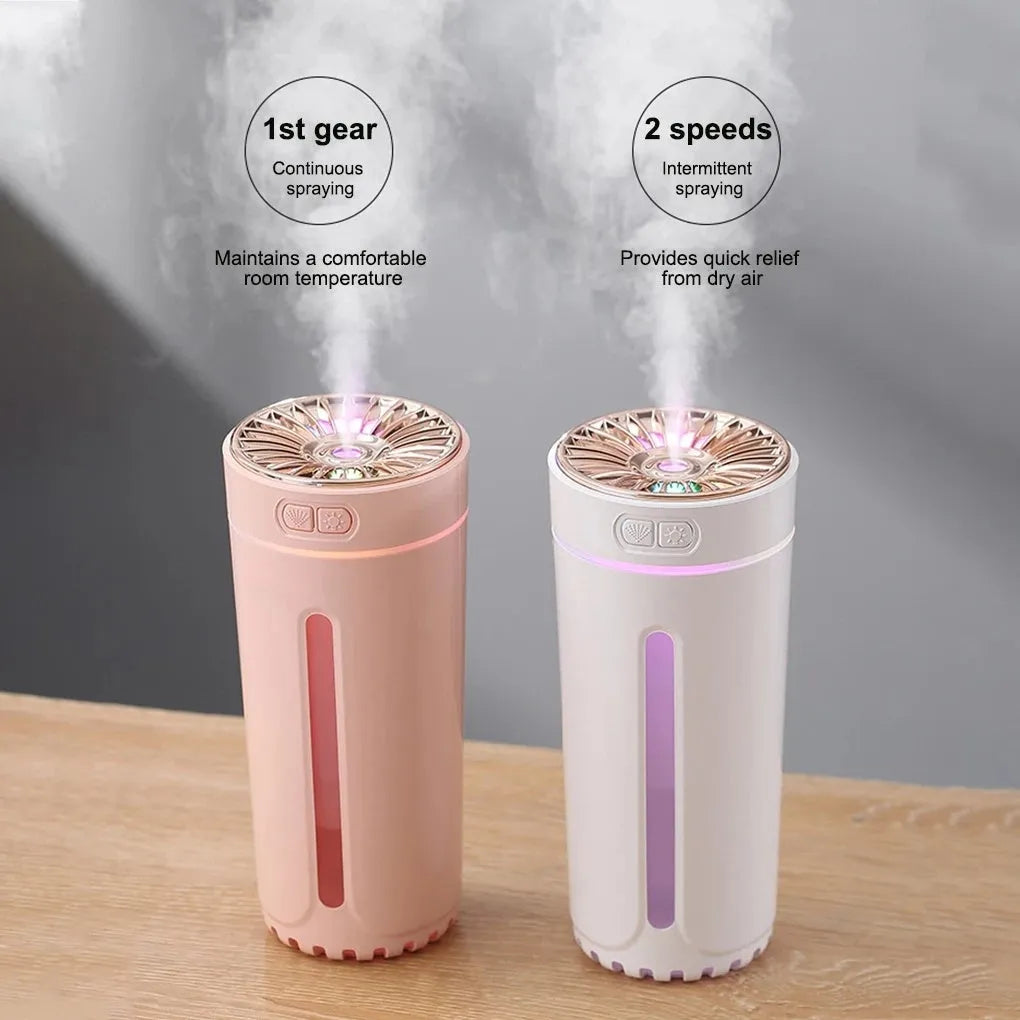 Black portable ultrasonic humidifier with colourful LED lights, shown next to a USB cable on a desktop.