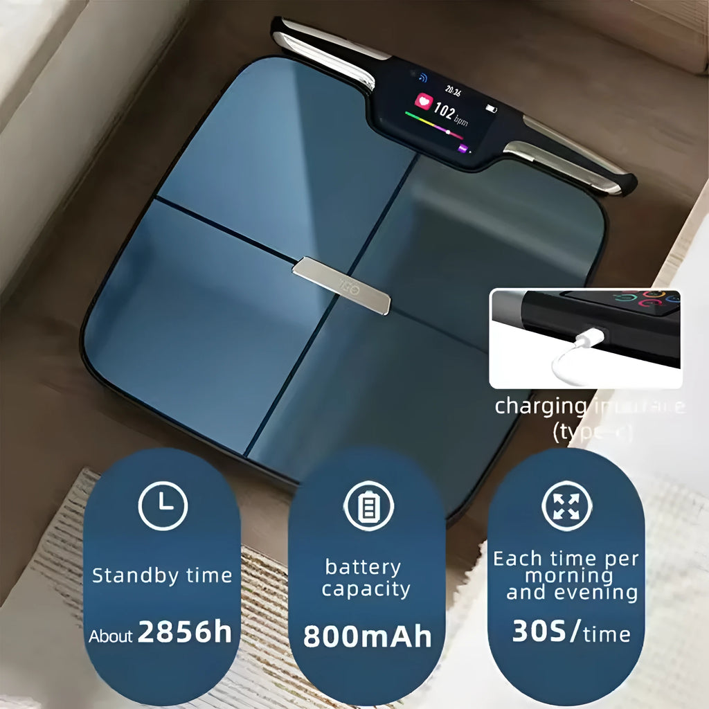 Black eight-electrode body fat scale on floor measuring 45x45cm
