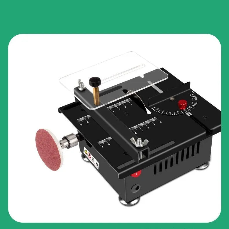 Lithium ion cordless micro desktop saw with metal body on a workbench