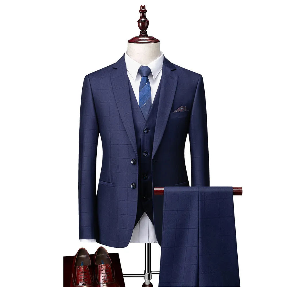 Men's navy blue plaid slim fit three-piece business casual suit with jacket, vest and trousers