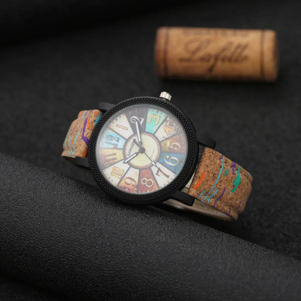 Women's vintage leather quartz wrist watch with 37mm round dial and stainless steel buckle