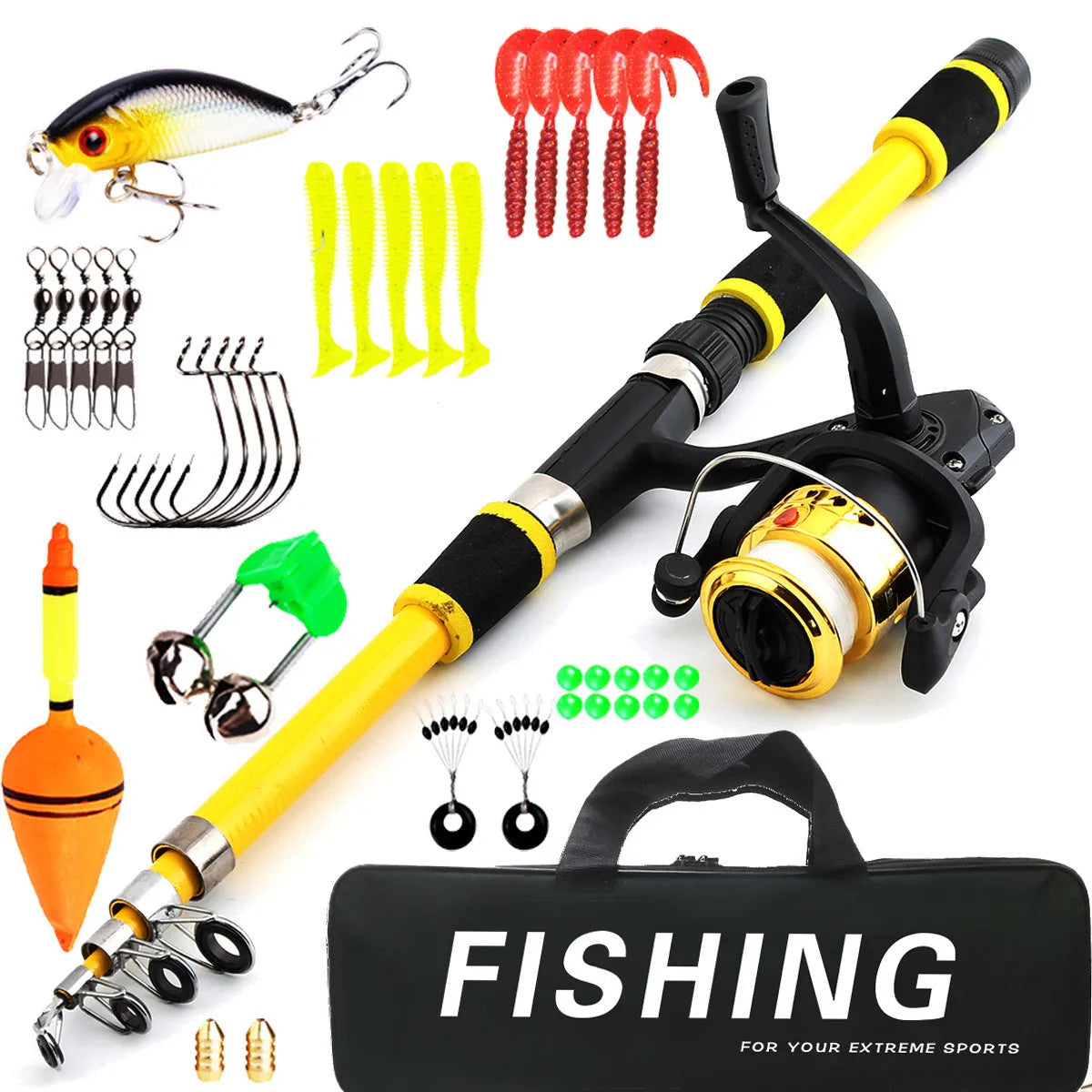 Children's fishing rod with pole and reel set in multiple colour options for beginner anglers