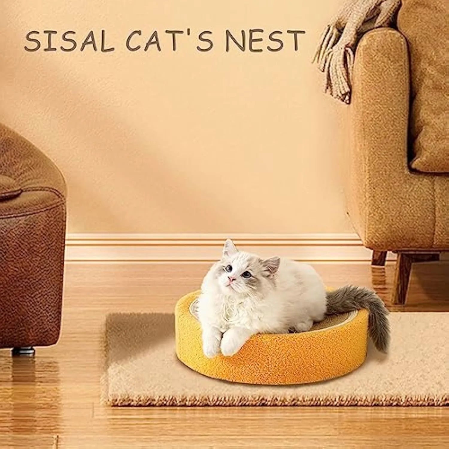 Yellow fruit-shaped sisal cat scratching board with concave sleeping centre