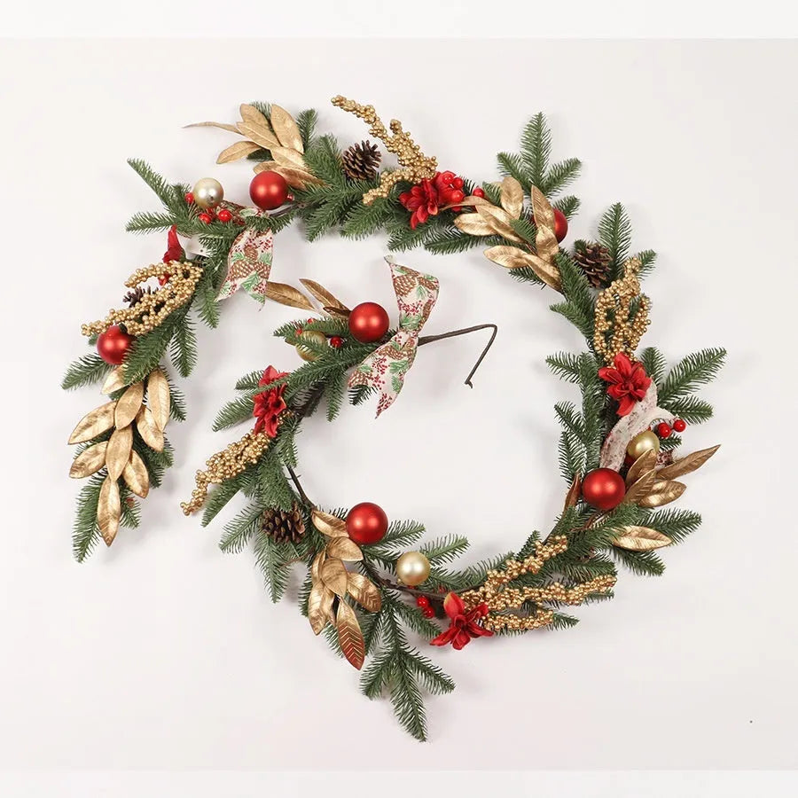 Plastic American country style Christmas garland with upside down ornaments, shown in stair wall hanging style.